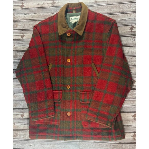 LL Bean Wool leather trim Hunting Jacket Coat size Large Red Plaid Made USA VGT - Picture 1 of 7